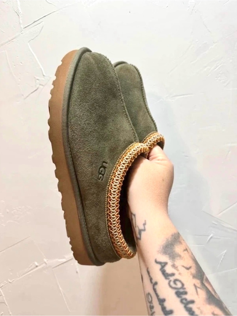 UGG Olive Green Suede Slip-On Loafers with Contrast Trim